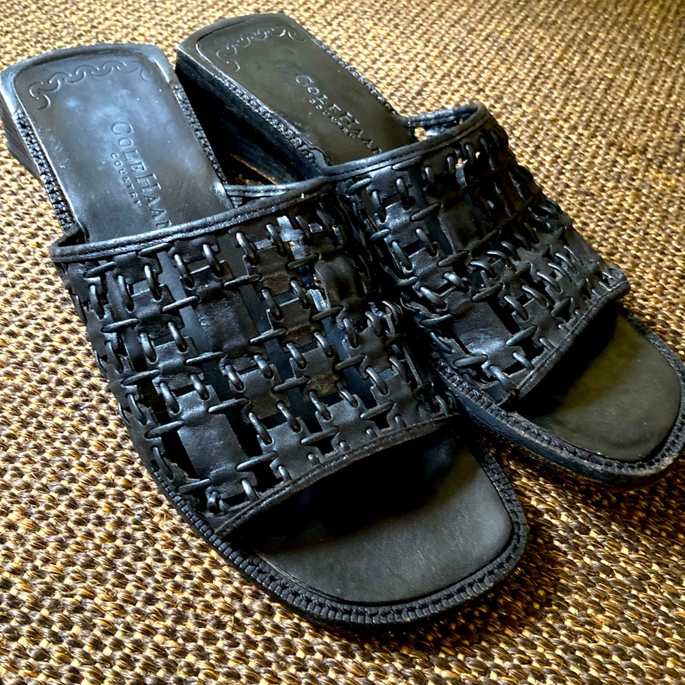 Cole Haan Shoes Woven Black Leather Slide Slip